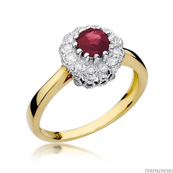 Pierścionek w żółtym złocie próby 585 model T-284 rubin 0,60ct i brylanty