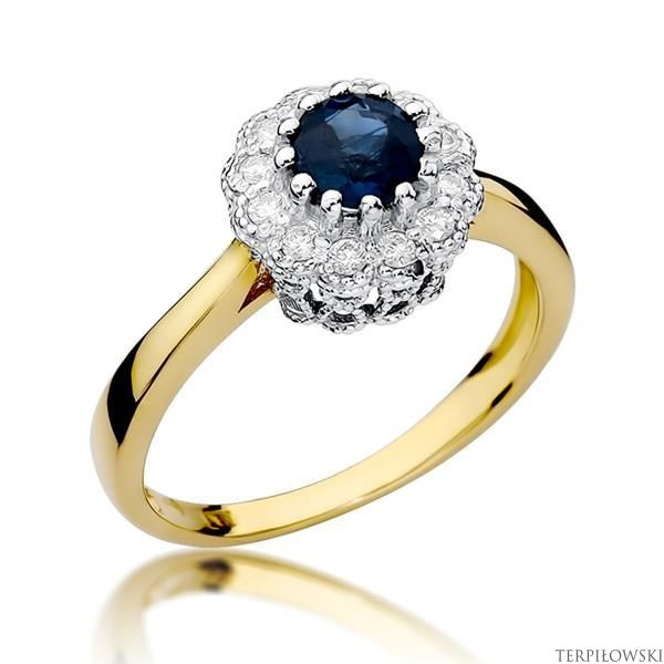 Pierścionek w żółtym złocie próby 585 model T-284 szafir 0,50ct i brylanty