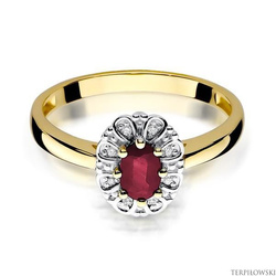 Pierścionek w żółtym złocie próby 585 model T-304 rubin 0,60ct i brylanty