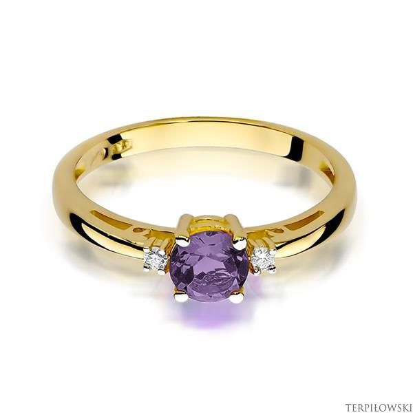 Pierścionek w żółtym złocie próby 585 model T-10 ametyst 0,50ct i brylanty 0,029ct