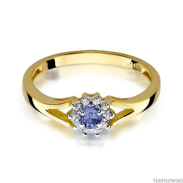 Pierścionek w żółtym złocie próby 585 model T-185 tanzanit 0,15ct i brylanty 