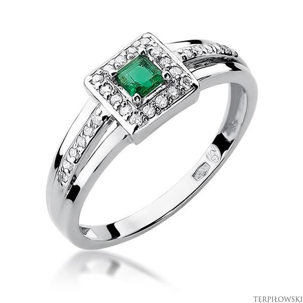 Pierścionek w białym złocie próby 585 model T-271 szmaragd 0,15ct i brylanty 