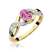 Pierścionek w żółtym złocie próby 585 model T-0028  różowy szafir 0,45ct  i brylanty 0,05ct