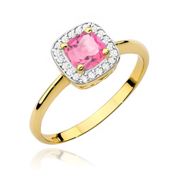 Pierścionek w żółtym złocie próby 585 model T-0514 różowy topaz 0,65ct i brylanty 0,10