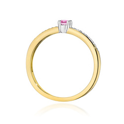 Pierścionek t-0288 z żółtego złota próby 0,585 z różowym topazem 0,15ct i brylantami