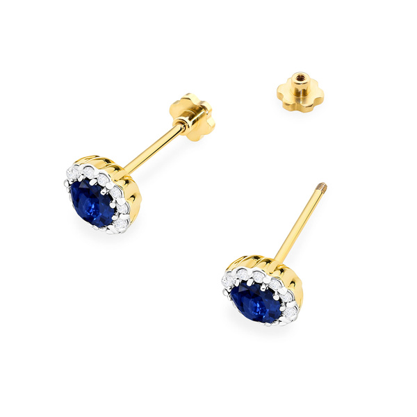 Kolczyki złote kwiaty sztyfty z szafirem 2 x 50ct próby 0,585 z brylantami to-510 sztyft zakręcany