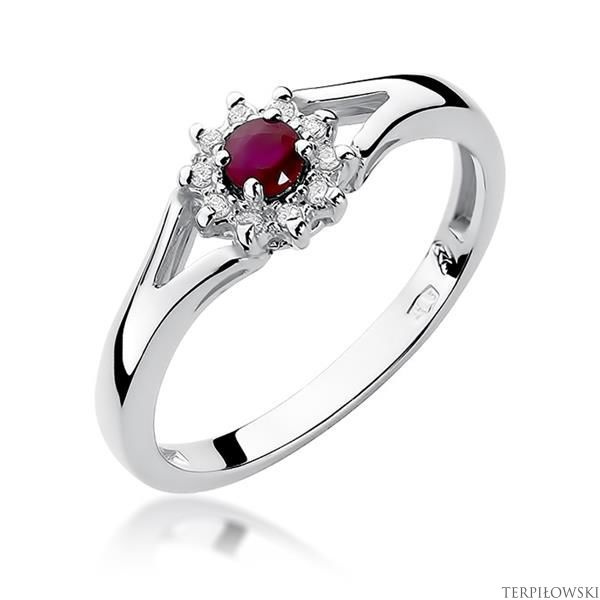 Pierścionek w białym złocie próby 585 model T-185 rubin 0,15ct i brylanty 0,09