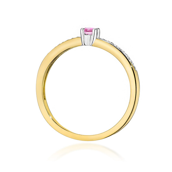 Pierścionek t-0288 z żółtego złota próby 0,585 z różowym topazem 0,15ct i brylantami