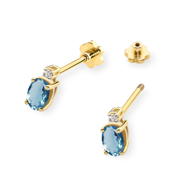Kolczyki złote T-0001 próby 0,585 z brylantami i topazem london blue 2x0,50ct sztyft zakręcany