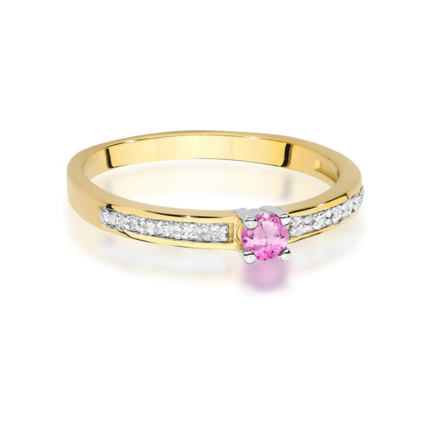 Pierścionek t-0288 z żółtego złota próby 0,585 z różowym topazem 0,15ct i brylantami