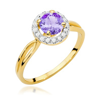 Pierścionek w żółtym złocie próby 585 model T-0538 ametyst 0,90ct i brylanty