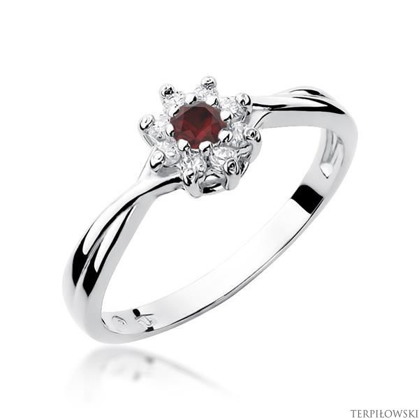 Pierścionek w białym złocie próby 585 model T-72 rubin 0,15ct i brylanty