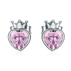 Biżuteria SayU kolczyki różowe serca srebrne korony